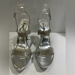 Pazzle silver & gold rhinestone high heel stiletto sling back shoes size 9